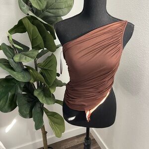 Brown One-Shoulder Ruched Bodysuit Top